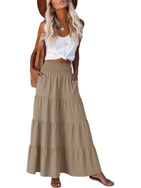 Anrabess Women's Yellow Khaki High Waist A-Line Tiered Long Flowy Maxi Skirts